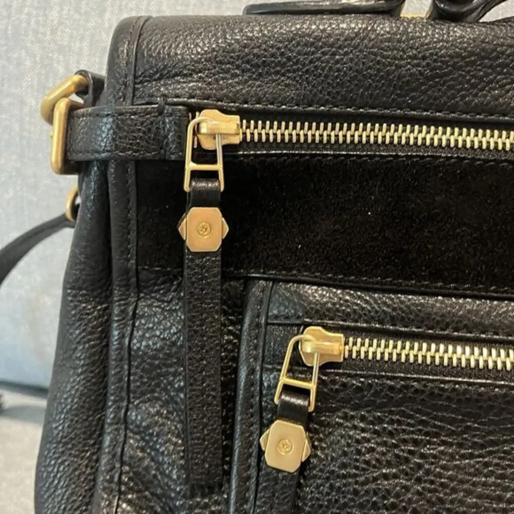 Beanpole Black‎ Pebbled Leather Satchel Crossbody Bag Gold Hardware Suede Trim